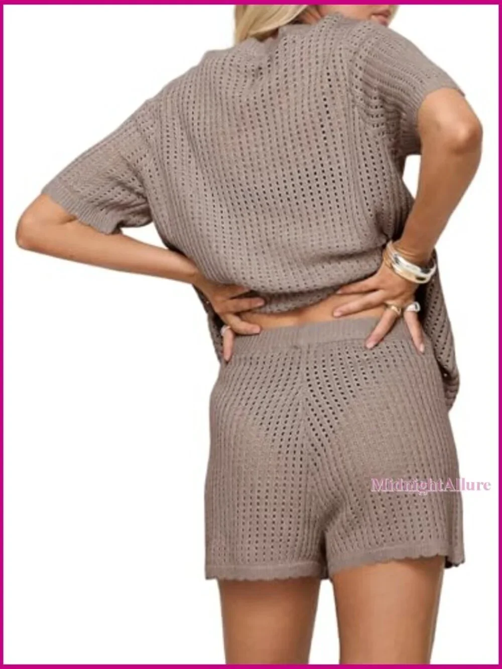Crochet Swimsuit Coverup Set Short Sleeve V Neck Button Top Drawstring Shorts